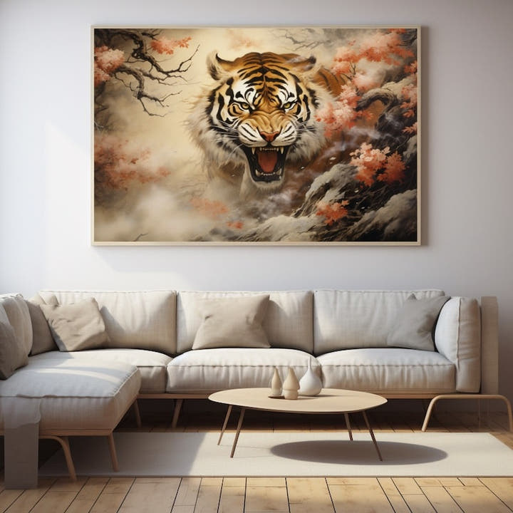 Tiger amid cherry blossom in traditional Japanese painting style