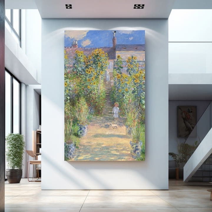 Impressionist garden painting with golden sunflowers along a sunlit path under a blue sky