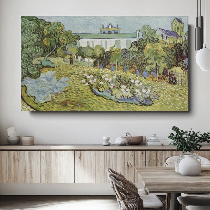 Van Gogh style garden landscape in green with blossoming bushes and pale villas