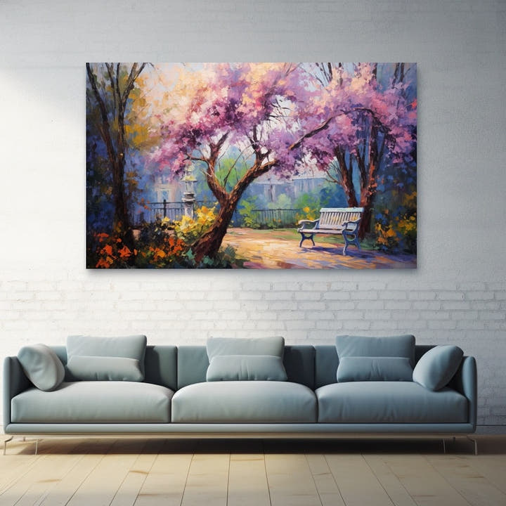 Acrylic painting of a lilac blossom tree over a garden path with a bench