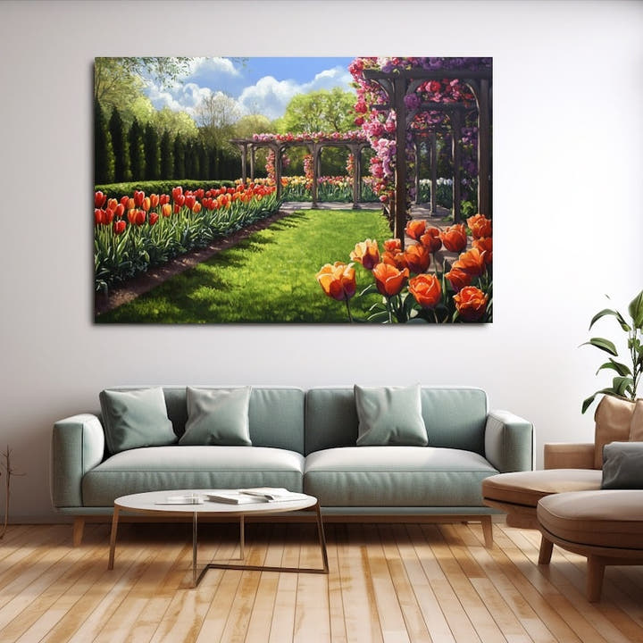 Orange tulips lining a sunlit garden path to a rose-draped pergola