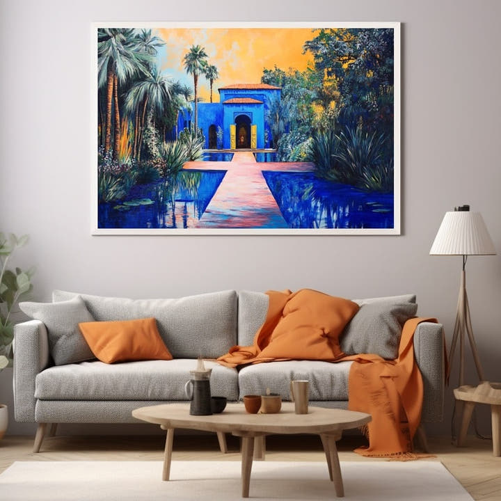 Painting of a blue Moorish garden pavilion at the end of a reflecting pool at dusk