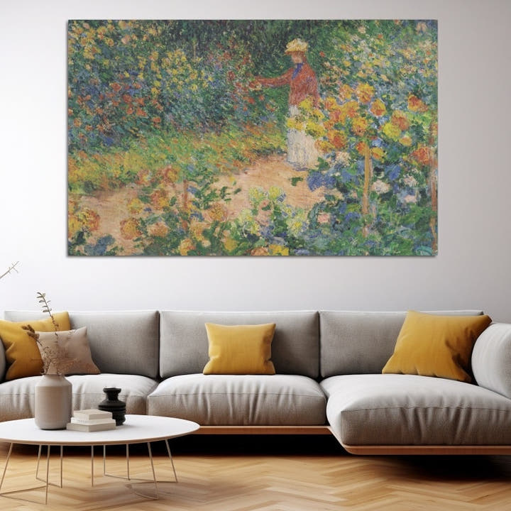 Giverny garden painting, woman in straw hat among golden and orange flowers