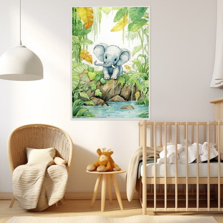 Jungle nursery canvas art of a watercolour baby elephant by a pool