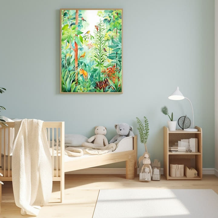 Watercolour jungle scene with small birds among lush green foliage and red flowers