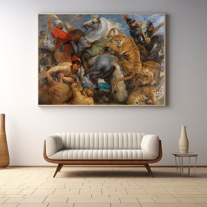 Baroque painting of a tiger hunt with riders, horses and tigers in swirling motion