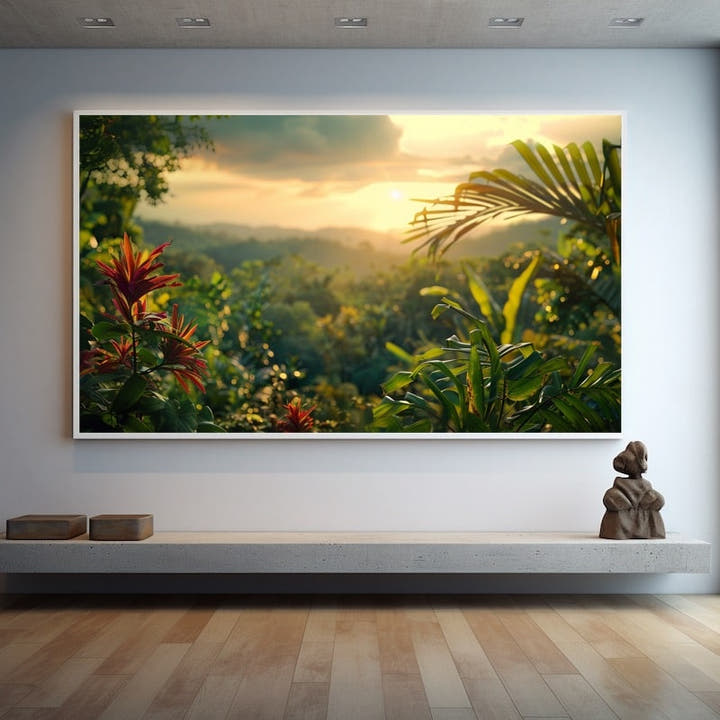 Tropical jungle valley at golden sunset with amber hills and red foliage