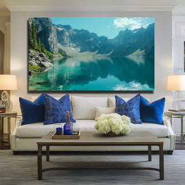 Still emerald mountain lake reflecting sheer grey crags under a soft blue sky