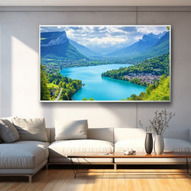 Turquoise alpine lake between forested mountains under a summer sky