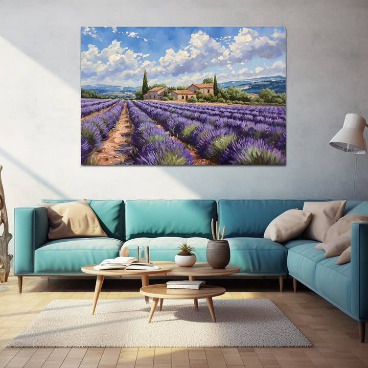 Provence lavender field with stone farmhouses and cypress trees under a summer sky