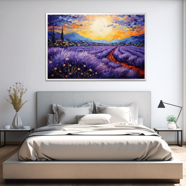 Van Gogh-style lavender field at sunset with a glowing sun and blue mountains