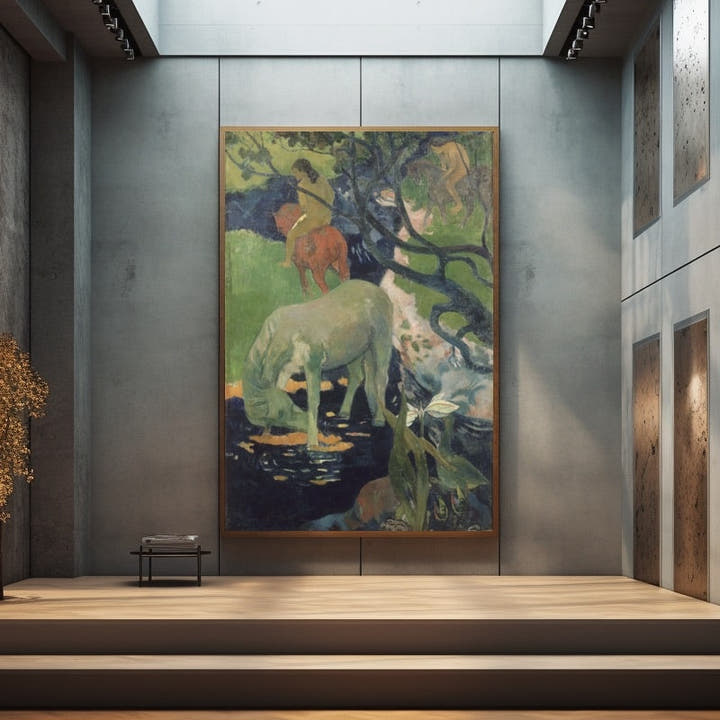 Famous white horse painting of a pale horse in a green shaded stream