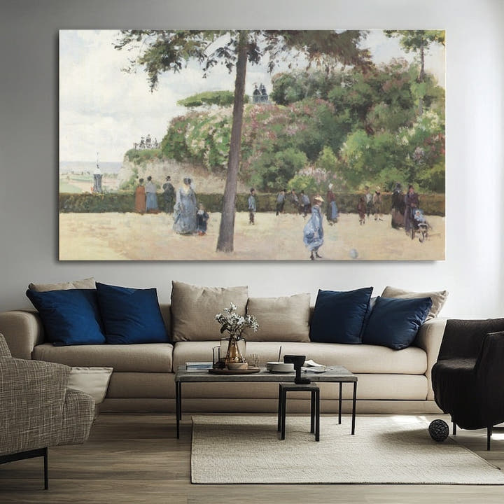 Impressionist public garden painting with strolling figures and a flowering hedge