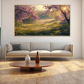 Spring orchard with pink almond blossom and a sunlit wildflower meadow in golden light