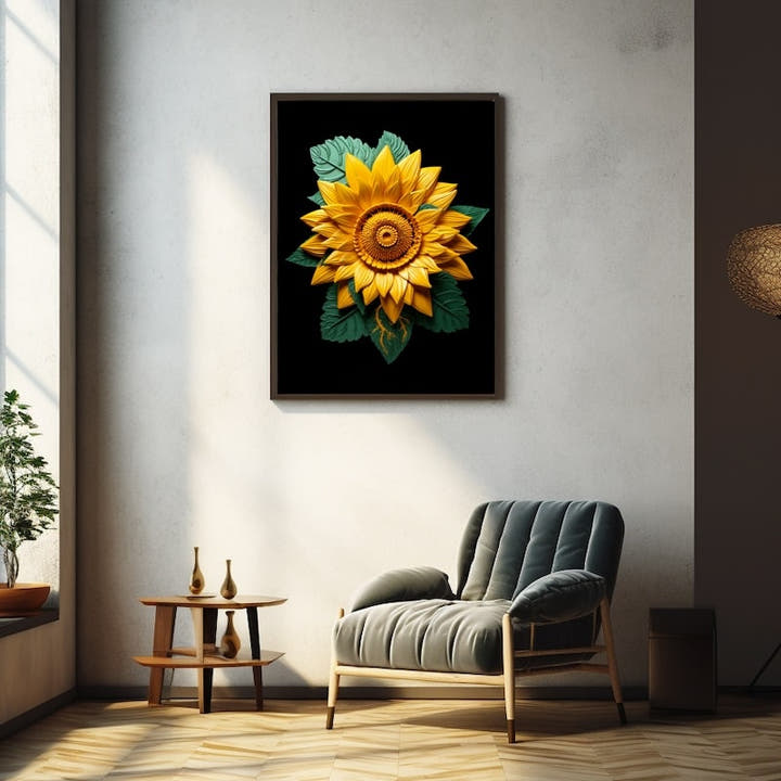 Golden sunflower in sculptural relief with teal leaves on a black background