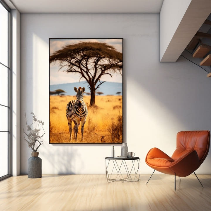 Lone zebra on golden savannah beneath an acacia tree at dusk