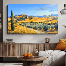 Rolling golden hills with cypress and olive groves under a blue sky