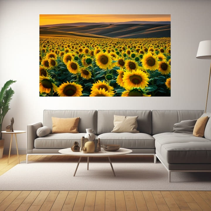Field of golden sunflowers stretching to rolling hills under an amber sunset