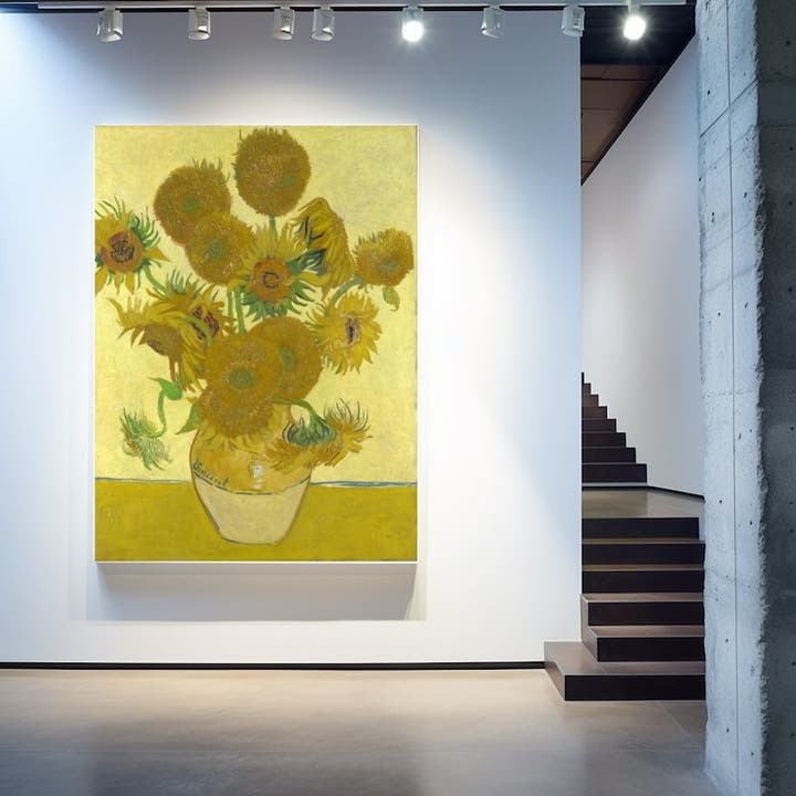 Van Gogh sunflowers painting, golden blooms in an earthenware vase