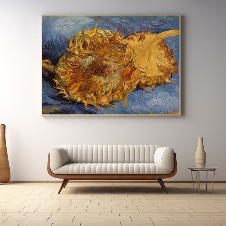 Van Gogh painting of two cut sunflowers on a deep blue ground