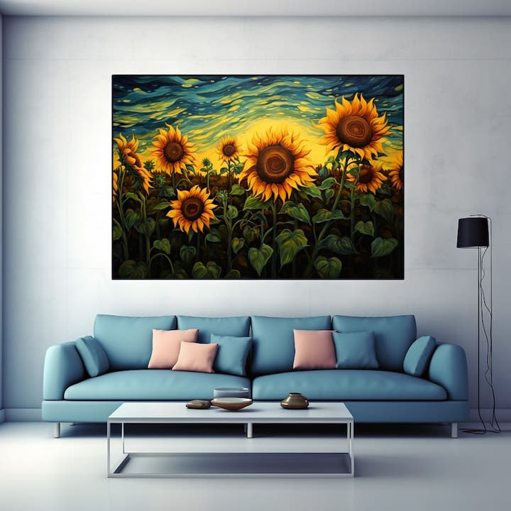 Sunflower field painting in a swirling Van Gogh style