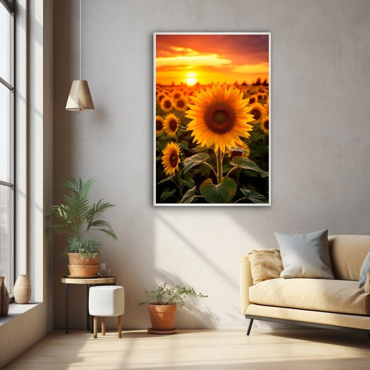 Lone sunflower glowing against an orange sunset over a sunflower field