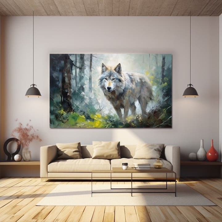 Expressive painting of a pale grey wolf standing in a misty birch forest clearing