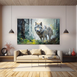 Expressive painting of a pale grey wolf standing in a misty birch forest clearing
