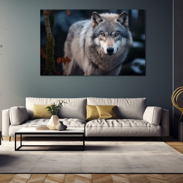 Grey wolf with amber eyes emerging from a shadowy winter forest
