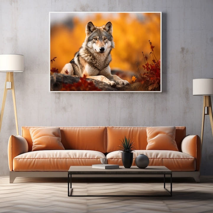 Photograph-style painting of a wolf resting amid amber autumn foliage