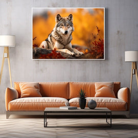 Photograph-style painting of a wolf resting amid amber autumn foliage