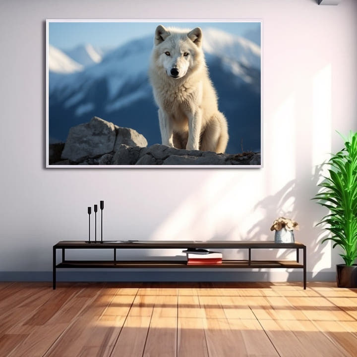 White wolf sitting on grey rocks before snowy mountains