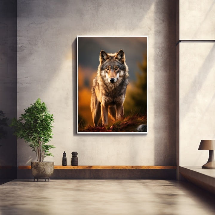 Close-up portrait of a wolf on autumn moorland with amber eyes