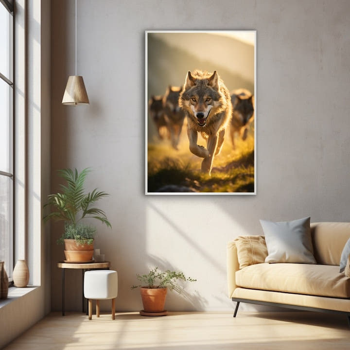 Wolf charging forward through sunlit golden grass with its pack behind