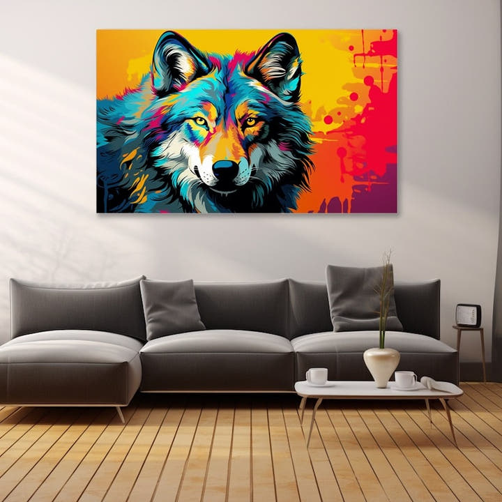 Pop-art wolf head in electric blue, magenta and orange