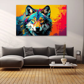 Pop-art wolf head in electric blue, magenta and orange