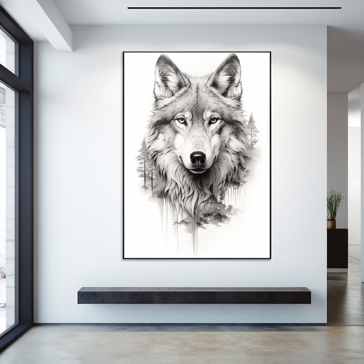 Black and white pencil drawing of a wolf head with a pine forest