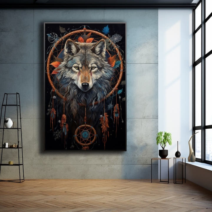 Grey wolf framed by a feathered dreamcatcher on a dark background