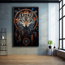 Grey wolf framed by a feathered dreamcatcher on a dark background