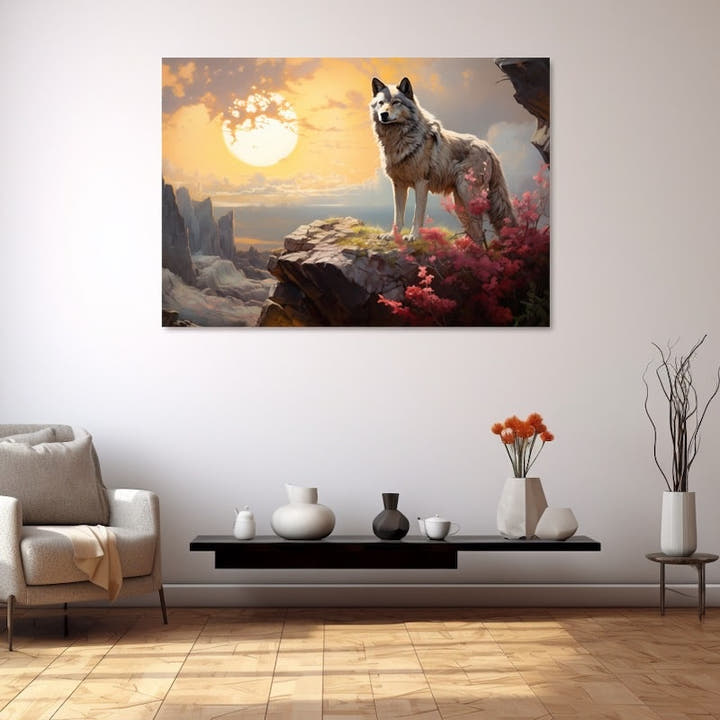 Silver-grey wolf on a clifftop before a golden sunset and pink blossoms