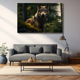 Wolf standing on a mossy rock in a green coniferous forest
