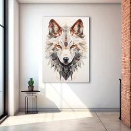 Geometric low-poly wolf head in ivory and grey with amber eyes