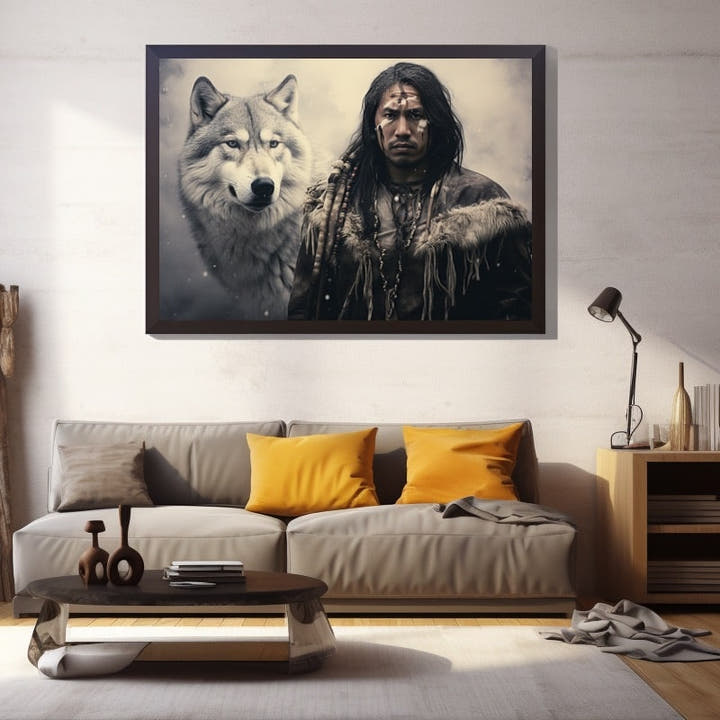 Black-and-white portrait of a Native American man beside a grey wolf in snow