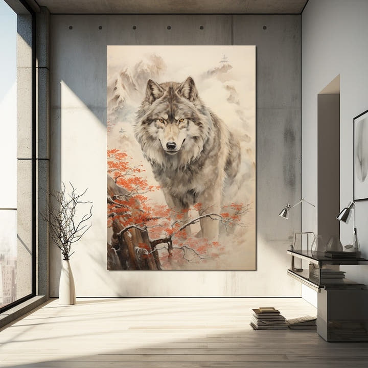 Ink-wash painting of a grey wolf with amber eyes amid misty mountains and orange maple leaves