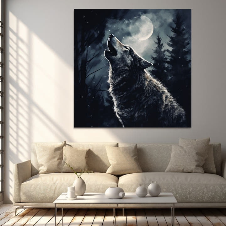 Close-up of a grey wolf howling in profile under a full moon and pines