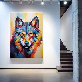 Geometric multicoloured wolf portrait facing forward