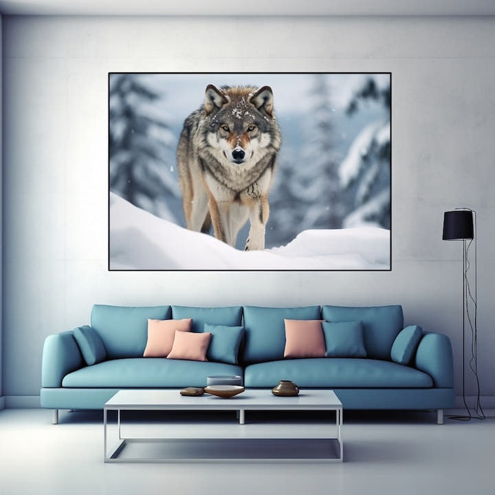 Lone grey wolf on a snowy ridge among frosted pine trees