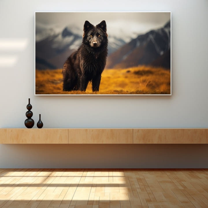 Black wolf standing in golden grass before snow-capped mountains