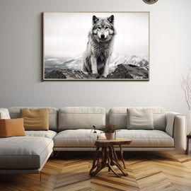 Wolf standing on rocky peak before snowy mountains in black and white
