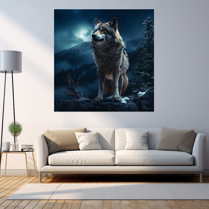 Night wolf painting of a grey wolf on a rocky outcrop under a moonlit mountain